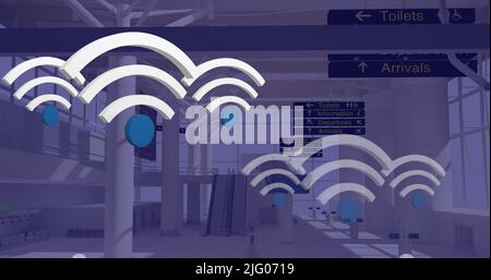 Immagine delle icone digitali wi-fi che galleggiano sull'aeroporto Foto Stock