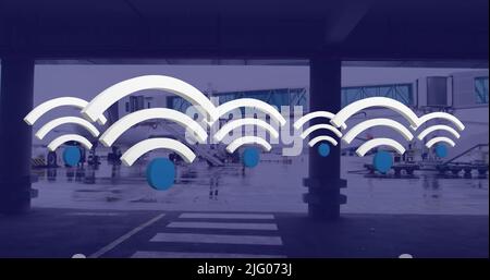 Immagine delle icone digitali wi-fi che galleggiano sull'aeroporto Foto Stock