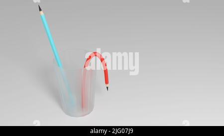 Una scena astratta con spazio libero nella cornice. Matite a spruzzo in vetro traslucido. Stanco di lavoro. Matita rossa curva e blu in piedi. 3D rende Foto Stock