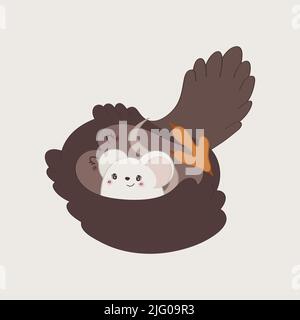 Gufo Clipart in stile carino Cartoon bella clip Art Owl con mouse. Illustrazione vettoriale di un uccello per stampe per vestiti, adesivi, tessile, bambino Illustrazione Vettoriale