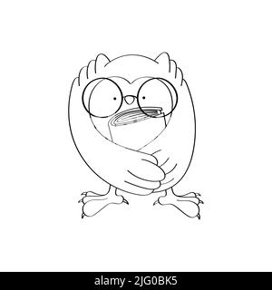 OWL Clipart Coloring Page in stile cartotone bella clip Art Owl in occhiali con un libro bianco e nero. Illustrazione vettoriale di un uccello per Illustrazione Vettoriale