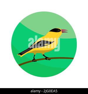 Oriole foresta songbird. Seduto su un ramo di albero. Bellissimo uccello selvatico giallo. Animali e fauna di natura selvaggia. Zoologia e ornitologia. Piatto vettoriale r Illustrazione Vettoriale