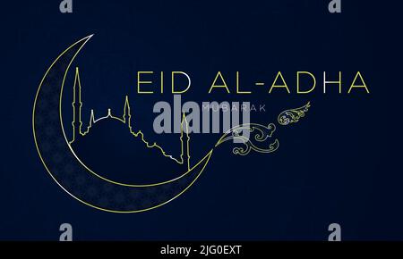 Banner EID al Adha. Linea Gold art concept. Profilo della luna e moschea su sfondo scuro con tipografia Eid al Adha. Illustrazione vettoriale. Illustrazione Vettoriale