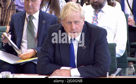 Il primo Ministro Boris Johnson è comparso davanti al Comitato di collegamento della Camera dei Comuni di Londra, sul tema dei lavori del primo Ministro. Data foto: Mercoledì 6 luglio 2022. Foto Stock