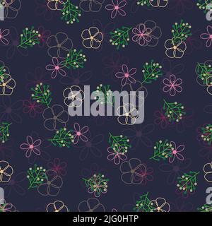 Moderno vettore alla moda floreale senza cuciture disegno di disegno di fiori astratti contorno. Texture elegante e ripetitiva con sfondo blu Illustrazione Vettoriale