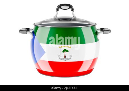 Concetto di cucina nazionale della Guinea equatoguineana. Bandiera della Guinea equatoguineana dipinta sulla pentola di acciaio inossidabile. 3D rendering isolato sul retro bianco Foto Stock