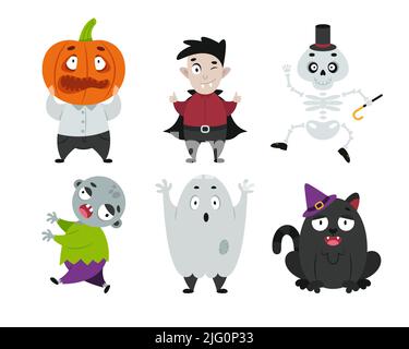 Set di cartoni animati di personaggi di Halloween. Zombie vettoriale, vampiro, testa di zucca, gatto carino, fantasma e scheletro. Ideale per la decorazione di feste o adesivi. Illustrazione Vettoriale