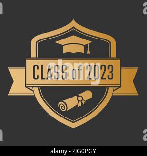 Classe di 2023. L'emblema del laureato con un cappello e un rotolo. Illustrazione vettoriale per diploma, certificato, disegno tematico e creativo Illustrazione Vettoriale