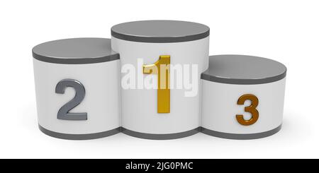 Bianco e grigio podio del cilindro con tre posti di rango, tridimensionale, rendering 3D illustrazione Foto Stock