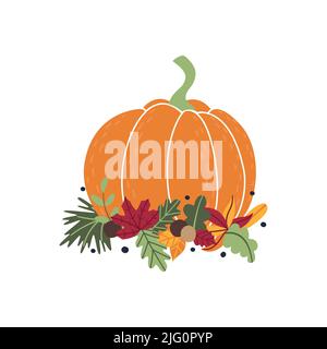 Illustrazione vettoriale colorata di ispirazione della zucca. Modello stagionale con zucca d'arancia e foglie d'autunno. Clipart stile piatto per giorno di ringraziamento, saluto, biglietto di invito, poster. Illustrazione Vettoriale