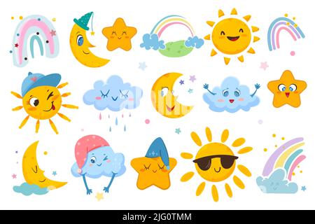 Il tempo è calmo, con sole carino, luna di sonno, arcobaleno colorato, nuvole divertenti e stelle dolci isolate su sfondo bianco. Icone vettoriali adesivi con emozioni felici. Personaggi per bambini. Illustrazione Vettoriale