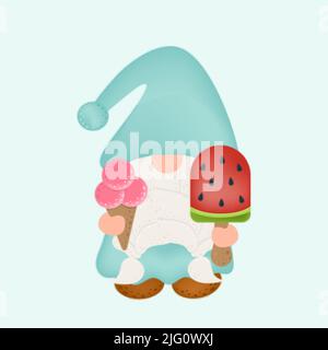 Disegno dei caratteri di GNOME Clipart. Adorabile clip Art Gnome con due gelati. Illustrazione vettoriale di un personaggio per stampe di vestiti, adesivi, Bambini Illustrazione Vettoriale