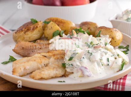 Piatto di pesce estivo con scorfano saltato con mela panna acida, cetrioli, salsa alle erbe e patate arrosto Foto Stock