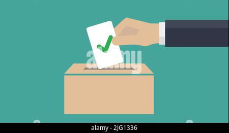 Mano di un uomo che mette un ballottaggio con un segno di spunta nella casella di voto. Politica ed elezione. Vettore modificabile. Illustrazione Vettoriale