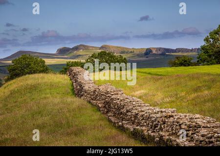 Il Muro di Adriano si dirige ad est da Birdoswald verso Walltown Crags, Northumberland, Inghilterra Foto Stock