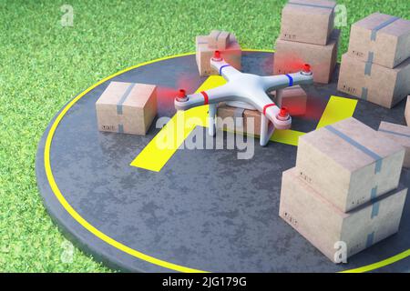 Moderna tecnologia dei servizi di consegna, logistica delle consegne tramite droni Quadcopter, consegna pacchi tramite quadricotteri. 3d rendering Foto Stock