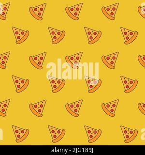 Pattern senza giunture con icone di pizza su sfondo giallo. Fast food, cibo spazzatura da asporto. Illustrazione vettoriale Illustrazione Vettoriale