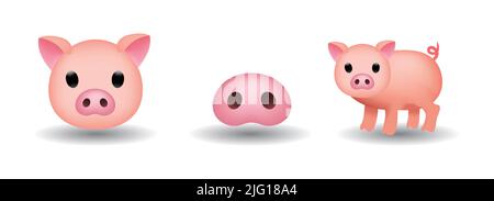 Set di illustrazioni emoji per vettore suino isolato su sfondo bianco. Icona piatto vettore maiale. Illustrazione Vettoriale