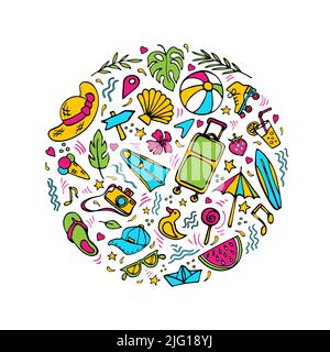 Estate simboli doodle clipart. Composizione colorata rotonda Illustrazione Vettoriale
