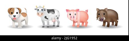 Set di animali in piedi disegno vettore emoji. Confezione di icone vettoriali per cani, mucche, suini, cinghiali isolate su sfondo bianco. Illustrazione Vettoriale