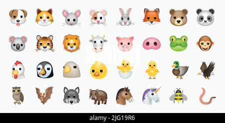 Set di volti animali, emoji facciali, adesivi, emoticon. Illustrazione Vettoriale