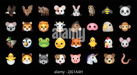 Set di volti animali, emoji facciali, adesivi, emoticon. Illustrazione Vettoriale