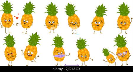 Set di simpatici personaggi ananas con emozioni, volti, braccia e gambe. Eroi felici o tristi, frutta esotica giocare, innamorarsi, mantenere la loro distanza con una maschera, con un sorriso o lacrime. Illustrazione vettoriale Illustrazione Vettoriale