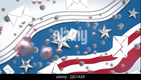 Icone di busta multiple e celle Covid-19 che si muovono contro la bandiera americana su sfondo blu Foto Stock