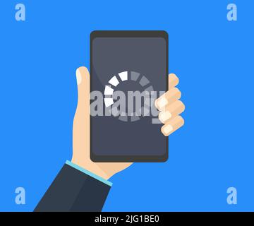 Caricamento dell'avanzamento della barra sullo schermo dello smartphone, caricamento dei dati sul design del logo del dispositivo mobile. Disegno e illustrazione del vettore della barra di caricamento del telefono. Illustrazione Vettoriale