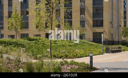 Un grande edificio alto.Stock Footage.A luminosa casa di mattoni gialli che è preso dall'alto verso il basso e vicino ad esso c'è un cortile e gli alberi crescono. H Foto Stock