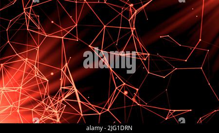 Silhouette volanti di triangoli connessi che volano in modo caotico. Movimento. Plesso astratto sfondo colorato Foto Stock