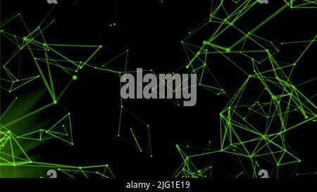 Silhouette volanti di triangoli connessi che volano in modo caotico. Movimento. Plesso astratto sfondo colorato Foto Stock