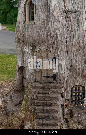 Gradini che portano ad una porta in un albero con piccole finestre e una maniglia porta circuito Foto Stock
