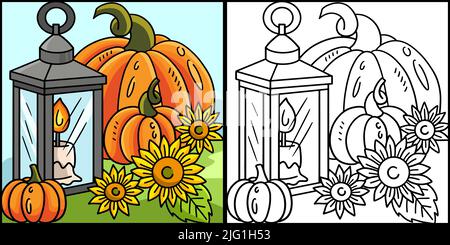 Illustrazione della zucca di ringraziamento e della candela della lampada Illustrazione Vettoriale