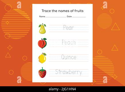 Rintracciare i nomi di frutta. Pratica di scrittura per i capretti prescolare. Illustrazione Vettoriale