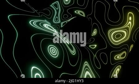 Texture ondulata casuale in movimento. Design. Forme astratte animate psichedeliche su sfondo nero, sostanza tossica Foto Stock