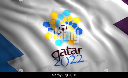 Logo astratto dell'offerta della Coppa del mondo FIFA Qatar 2022. Movimento. Primo piano della bandiera realistica in movimento ondulato. Solo per uso editoriale Foto Stock