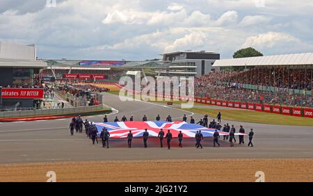 Introduzione al Gran Premio di Gran Bretagna F1, band e inno nazionale, circuito di Silverstone, Silverstone, Towcester, Northamptonshire, Inghilterra, UK, NN12 8T Foto Stock