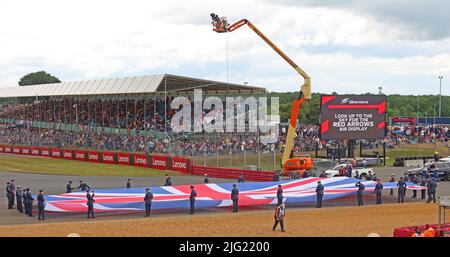 Introduzione al Gran Premio di Gran Bretagna F1, band e inno nazionale, circuito di Silverstone, Silverstone, Towcester, Northamptonshire, Inghilterra, UK, NN12 8T Foto Stock