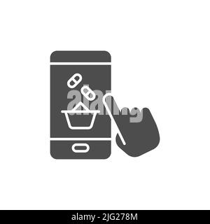 Mobile Drugstore glyph icona. Segno di stile lineare per concetto mobile e web design. Online medicina shopping glyph vettore icona. Simbolo, logo illustratio Illustrazione Vettoriale
