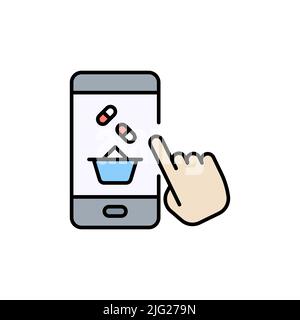 Mobile drogheria riempito colore icona. Stile lineare segno per concetto mobile e web design. Shopping online medicina pieno colore vettore icona. Simbolo, basso Illustrazione Vettoriale