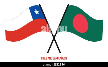 Le bandiere del Cile e del Bangladesh hanno attraversato e ondeggiante stile piatto. Proporzione ufficiale. Colori corretti. Illustrazione Vettoriale