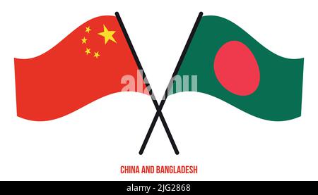 Bandiere della Cina e del Bangladesh incrociate ed ondeggianti stile piatto. Proporzione ufficiale. Colori corretti. Illustrazione Vettoriale