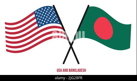 USA e Bangladesh bandiere incrociate e ondeggianti stile piatto. Proporzione ufficiale. Colori corretti. Illustrazione Vettoriale