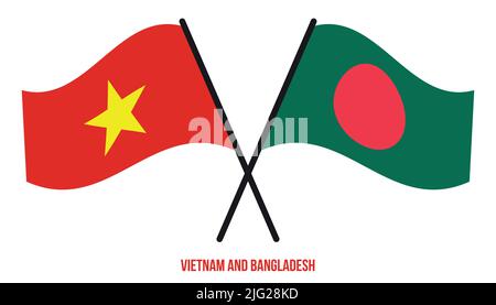 Bandiere del Vietnam e del Bangladesh incrociate e ondeggianti stile piatto. Proporzione ufficiale. Colori corretti. Illustrazione Vettoriale