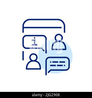 Persone che chattano in Messenger per condividere e ricevere informazioni. Domande frequenti e team di supporto. Pixel Perfect, icona grafica con linea di traccia modificabile Illustrazione Vettoriale