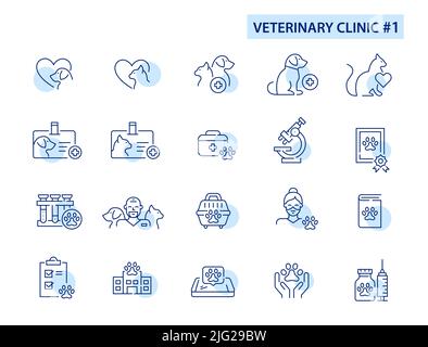 Set di icone per la cura degli animali da compagnia della clinica veterinaria. Dottore, controllo, vaccino, amore gatto e cane. Grafica tratto modificabile pixel Perfect Illustrazione Vettoriale