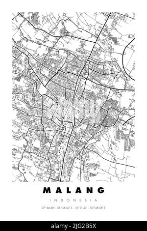 Mappa minimalista della città di Malang decorazione del muro. Malang è una delle città in Indonesia Foto Stock