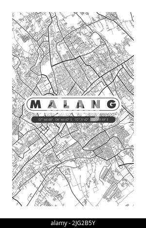 Mappa minimalista della città di Malang decorazione del muro. Malang è una delle città in Indonesia Foto Stock