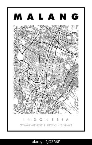 Mappa minimalista della città di Malang decorazione del muro. Malang è una delle città in Indonesia Foto Stock